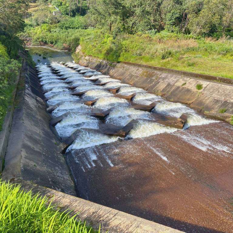 Ambewela Reservoir surrounded by lush green hills