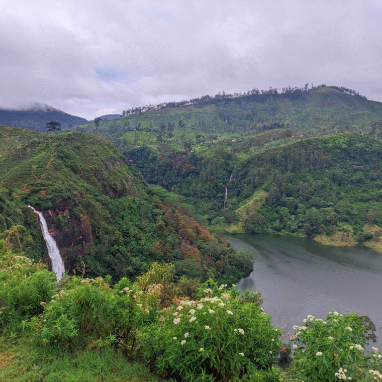 Calm waters of Maussakelle Reservoir reflecting the central highlands sky