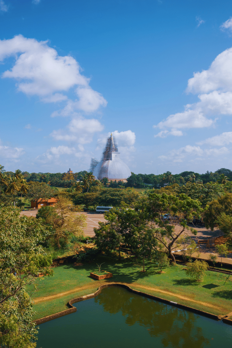 majestic Sandahiru Seya stupa surrounded by greenery
