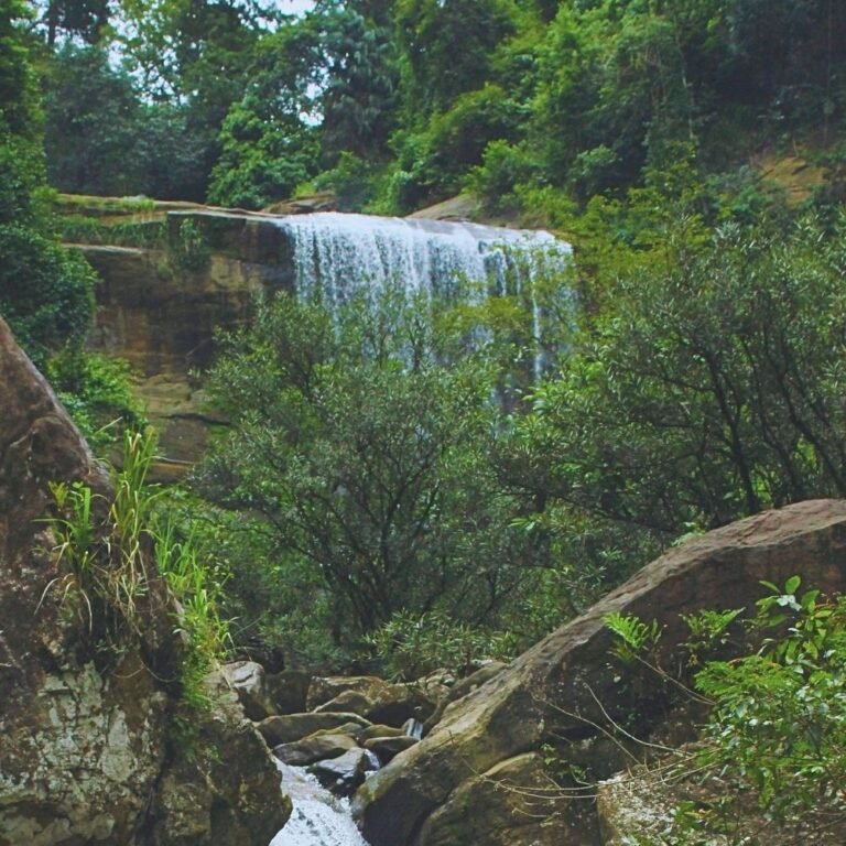 Scenic view of Nalagana Ella cascading through forest rocks