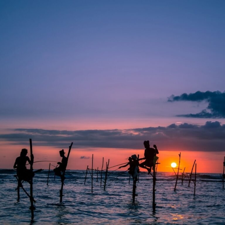 Scenic view of stilt fishermen in Sri Lanka